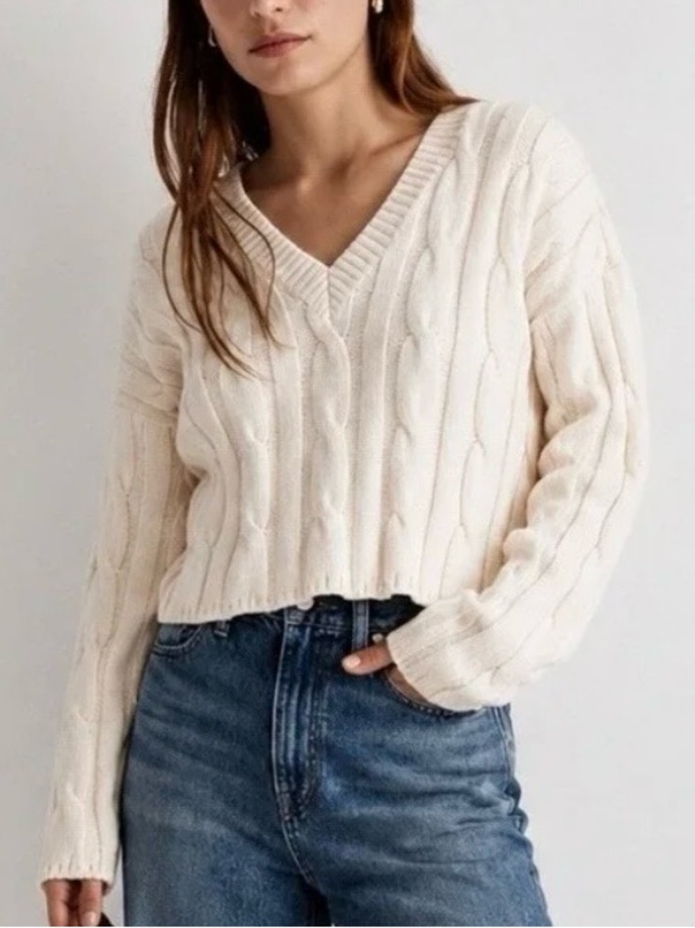 Madewell Cream Cropped Cable-Knit V-Neck Sweater
